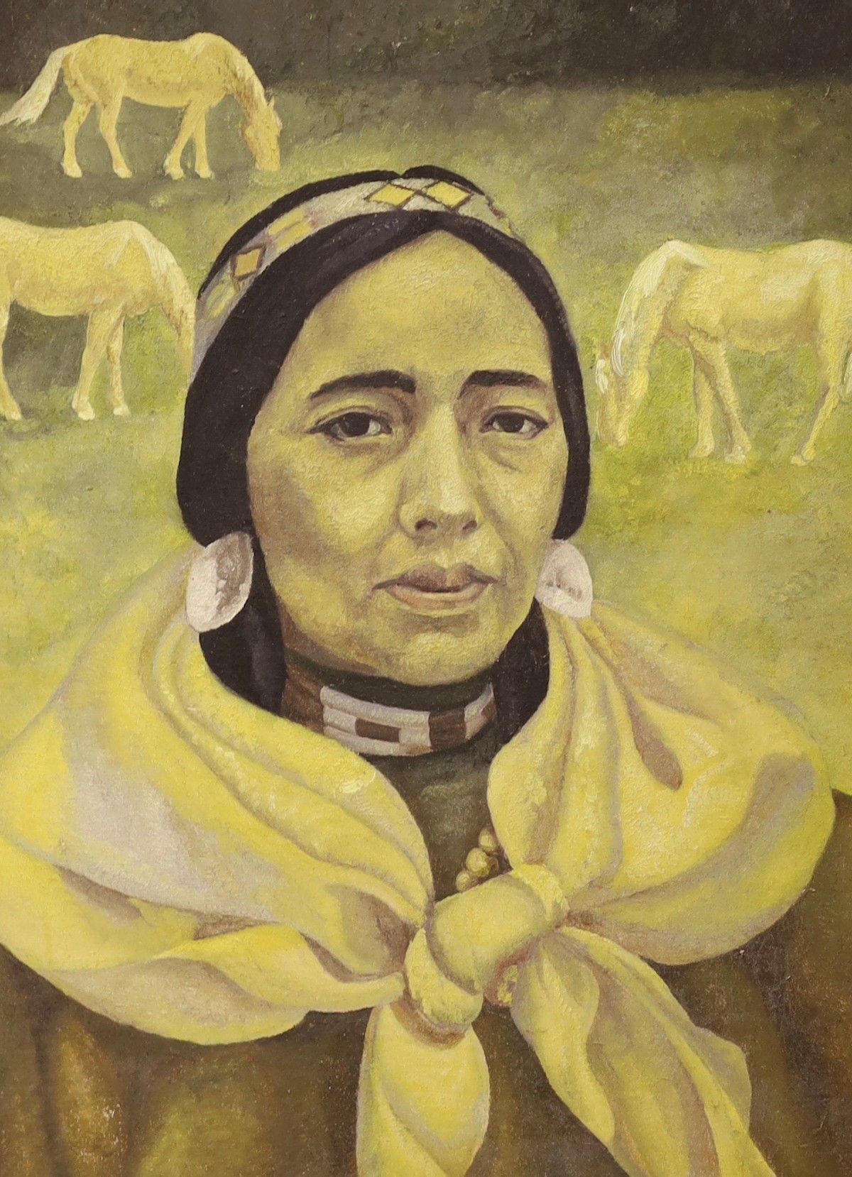 Mary Fairclough (1913-2000), oil on board, 'Woman with three horses', label verso, 56 x 41cm